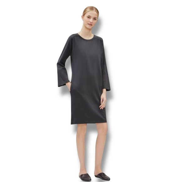 Eileen Fisher Graphite Cotton Stretch Jersey Round Neck Dress - Picture 2 of 10